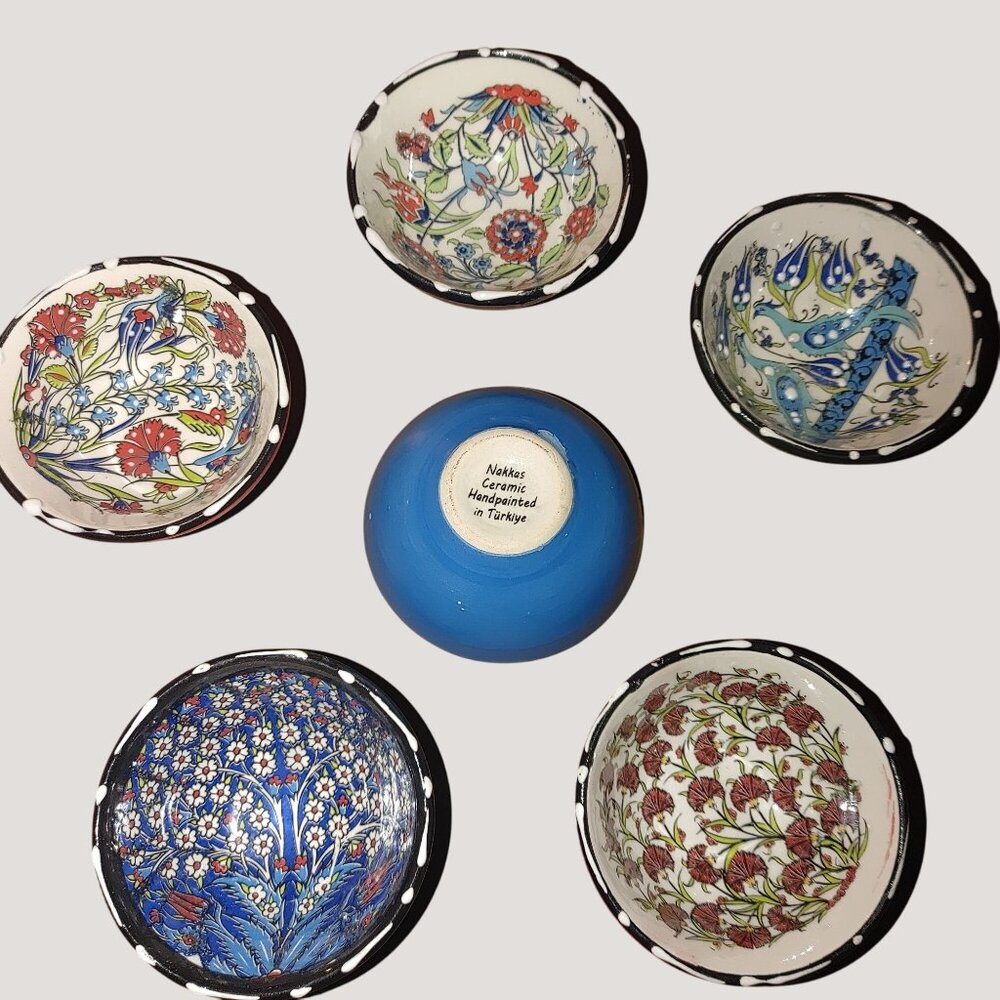 Nakkas Bowls Handpainted Turkish Ceramic Finger Dip Floral Traditional Patterns